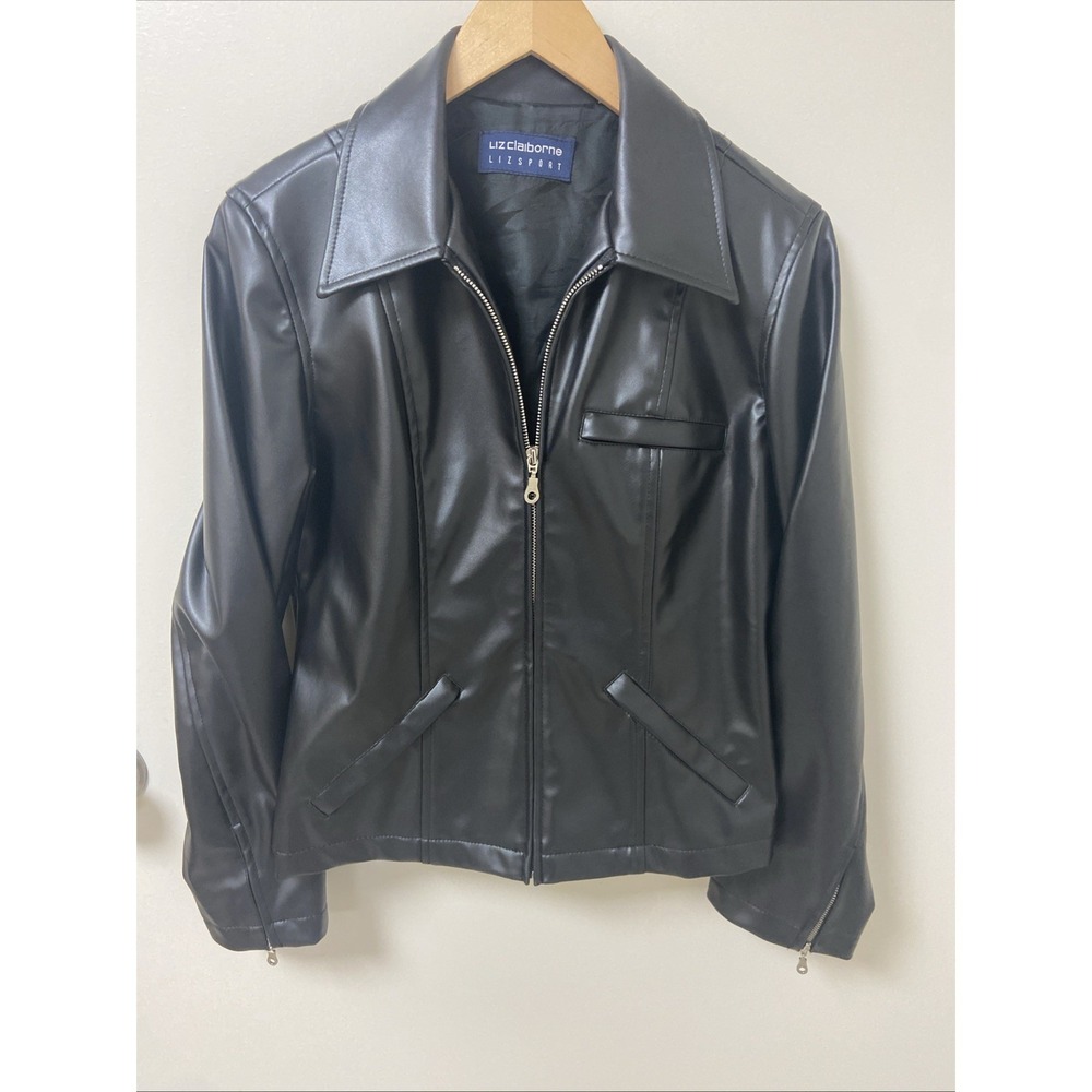 Liz Claiborne Liz Sport Women's Black Faux Leather Full Zip Lightweight Jacket S
